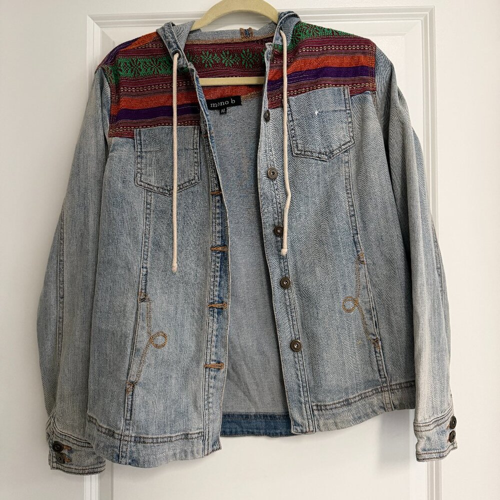 Hooded Denim Jacket with Woven Fabric Panel